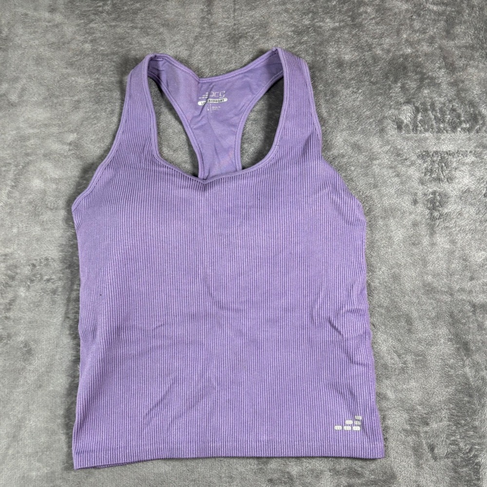 BCG Women Purple Ribbed Racerback Tank Top Low Support Built-in Bra Large